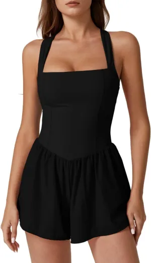 QINSEN Women's Square Neck Sleeveless Romper Jumpsuit Casual Summer One Piece Outfit with Pocket