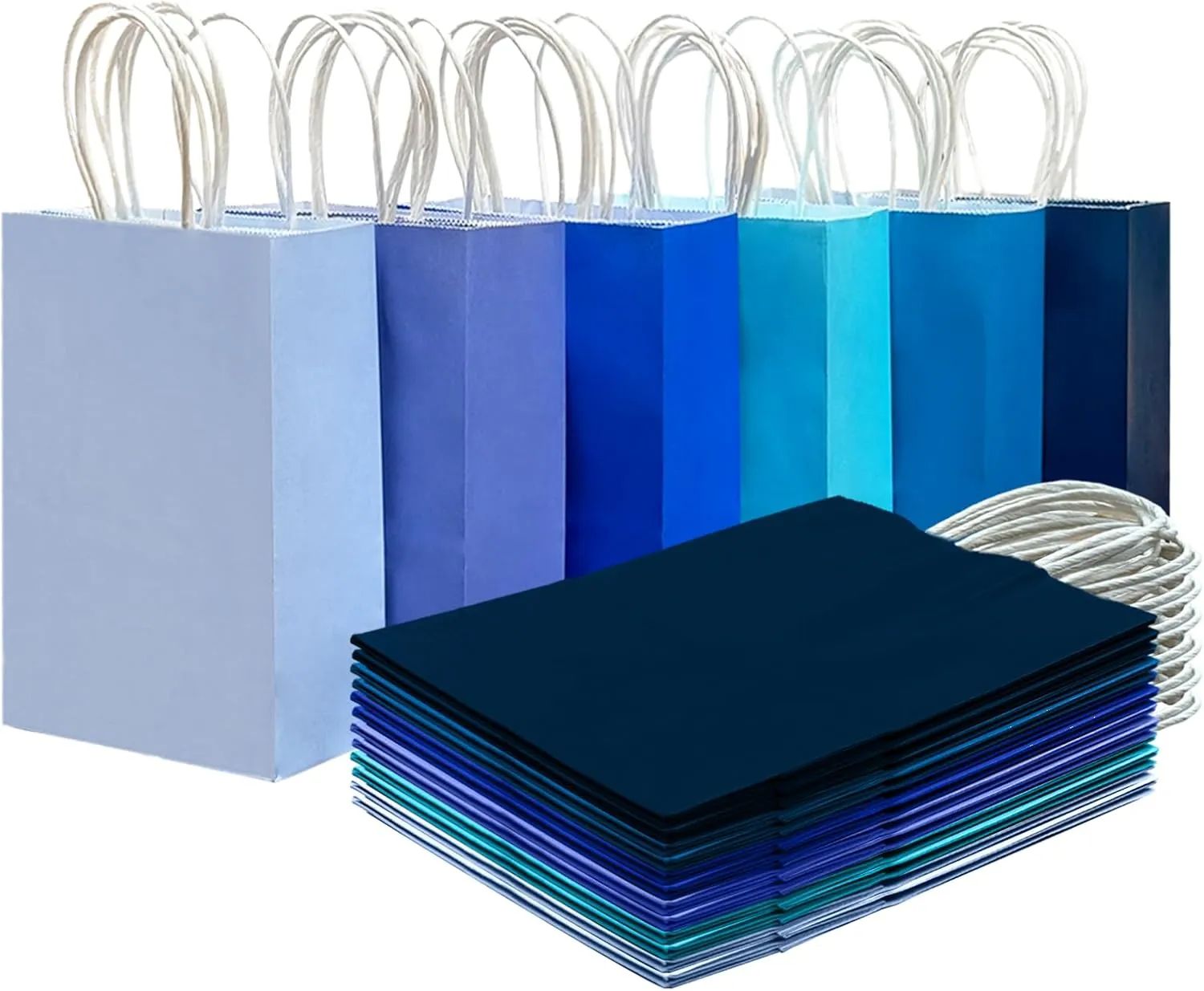 qiqee 30PCS Small Gift Bag with Handles Bulk 8.3"x6"x3" Gift Bags 6 Different Blue Color Bags Multiple Uses (Small Size)