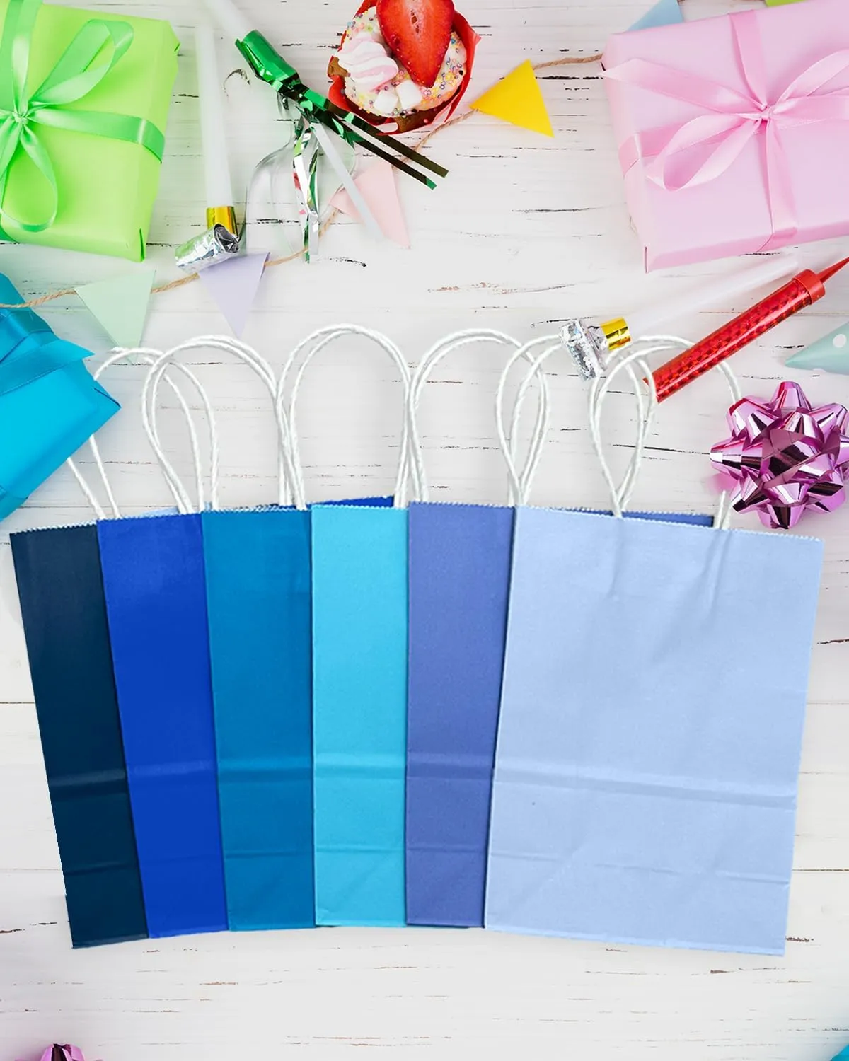 qiqee 30PCS Small Gift Bag with Handles Bulk 8.3"x6"x3" Gift Bags 6 Different Blue Color Bags Multiple Uses (Small Size)