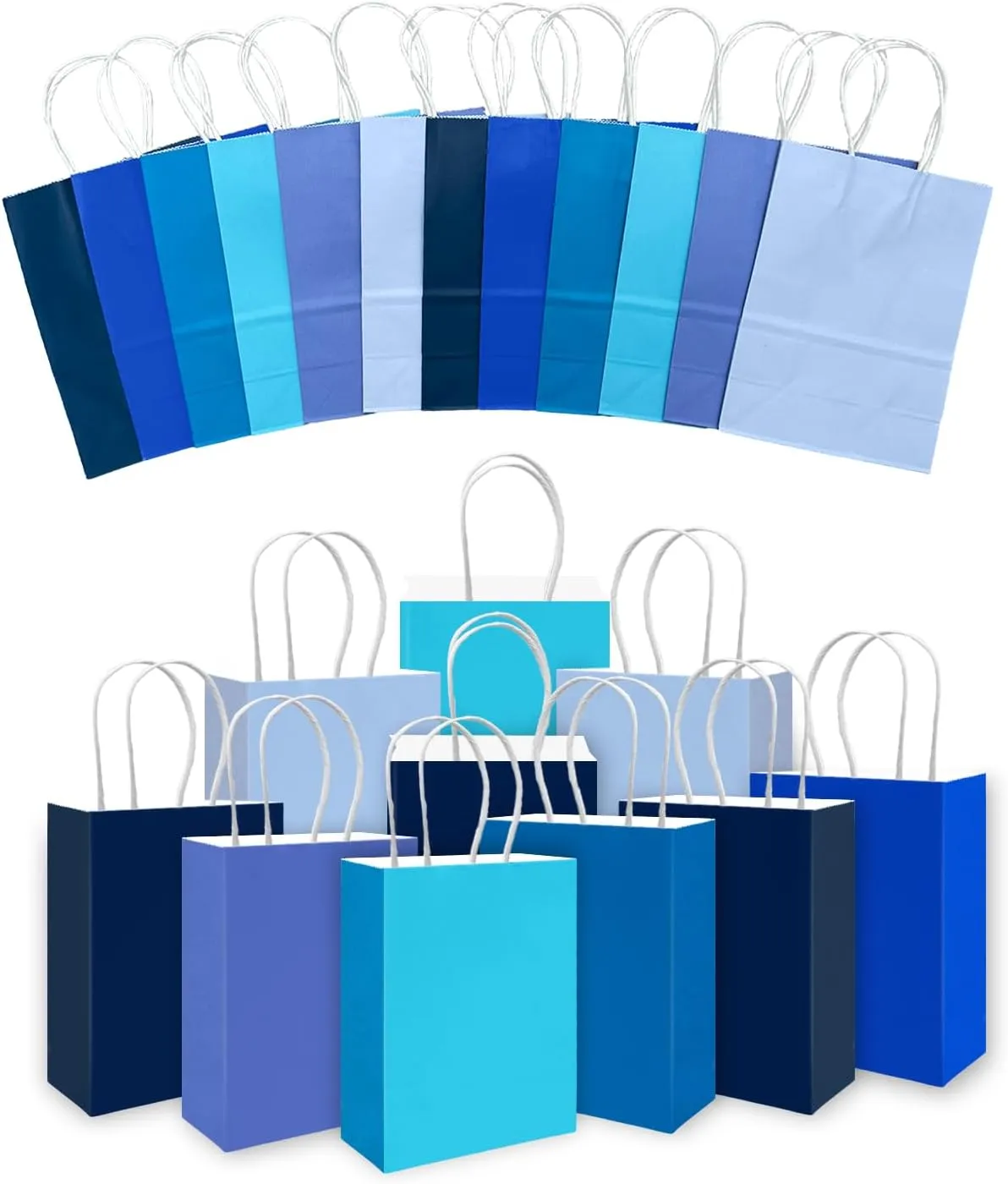 qiqee 30PCS Small Gift Bag with Handles Bulk 8.3"x6"x3" Gift Bags 6 Different Blue Color Bags Multiple Uses (Small Size)