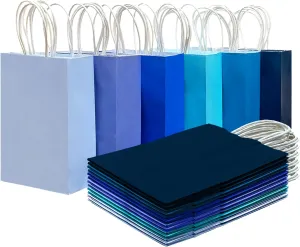 qiqee 30PCS Small Gift Bag with Handles Bulk 8.3"x6"x3" Gift Bags 6 Different Blue Color Bags Multiple Uses (Small Size)