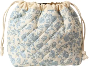 Quilted Drawstring Makeup Bag with Canvas Lining, Floral Coquette Aesthetic Cute Cotton Travel Toiletry Bag for Women and Girls (Blue)