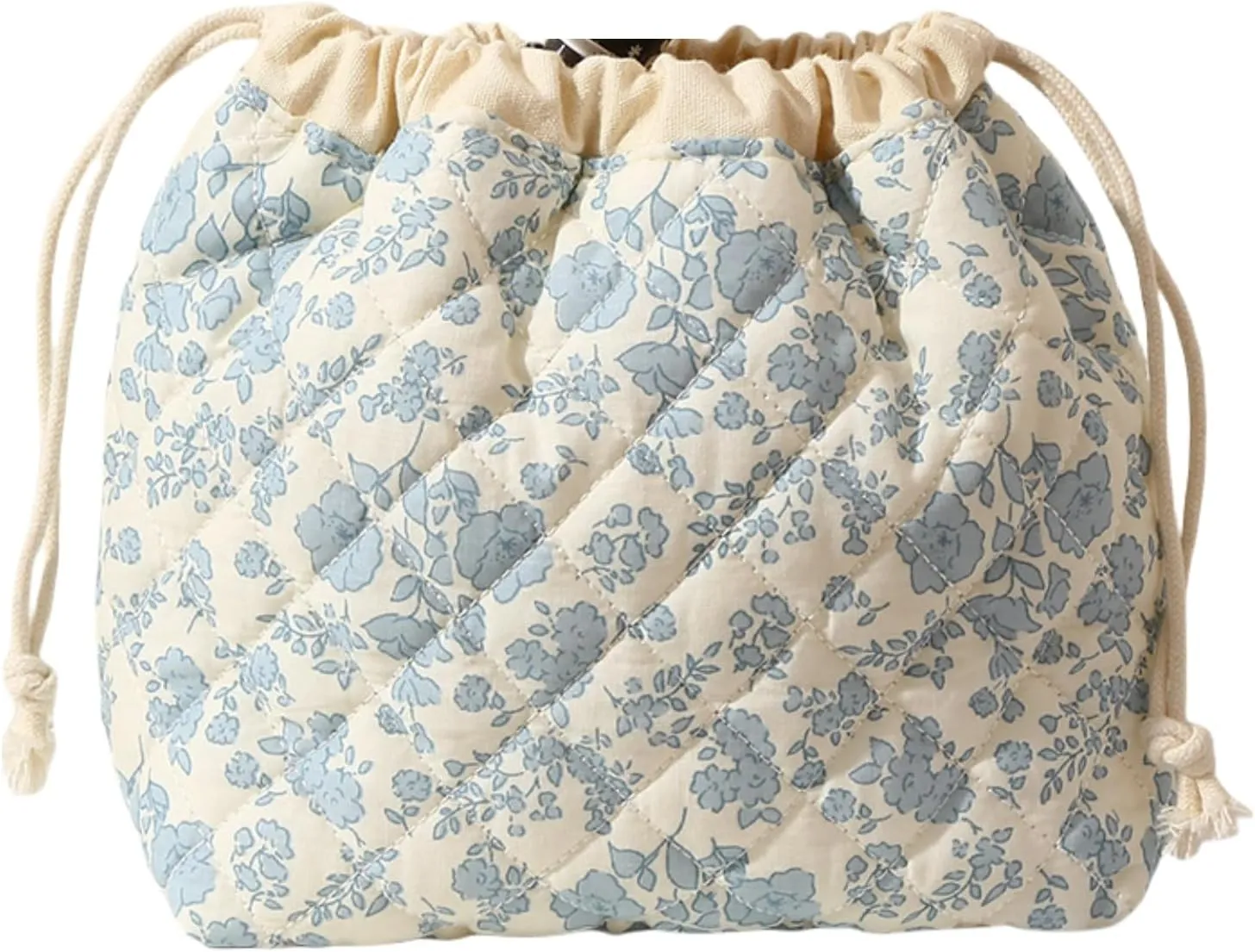 Quilted Drawstring Makeup Bag with Canvas Lining, Floral Coquette Aesthetic Cute Cotton Travel Toiletry Bag for Women and Girls (Blue)