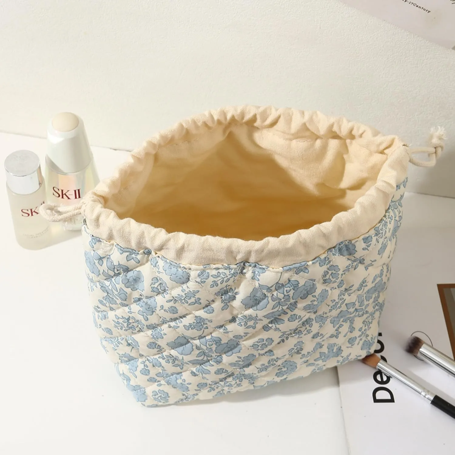 Quilted Drawstring Makeup Bag with Canvas Lining, Floral Coquette Aesthetic Cute Cotton Travel Toiletry Bag for Women and Girls (Pink Bow)