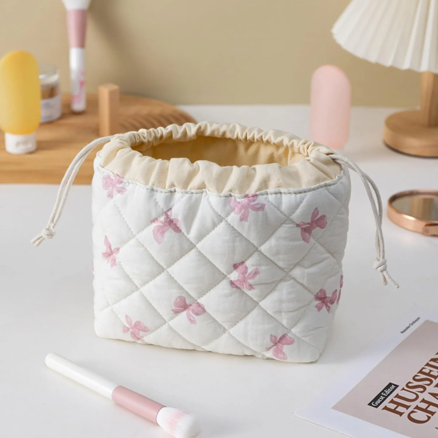 Quilted Drawstring Makeup Bag with Canvas Lining, Floral Coquette Aesthetic Cute Cotton Travel Toiletry Bag for Women and Girls (Pink Bow)