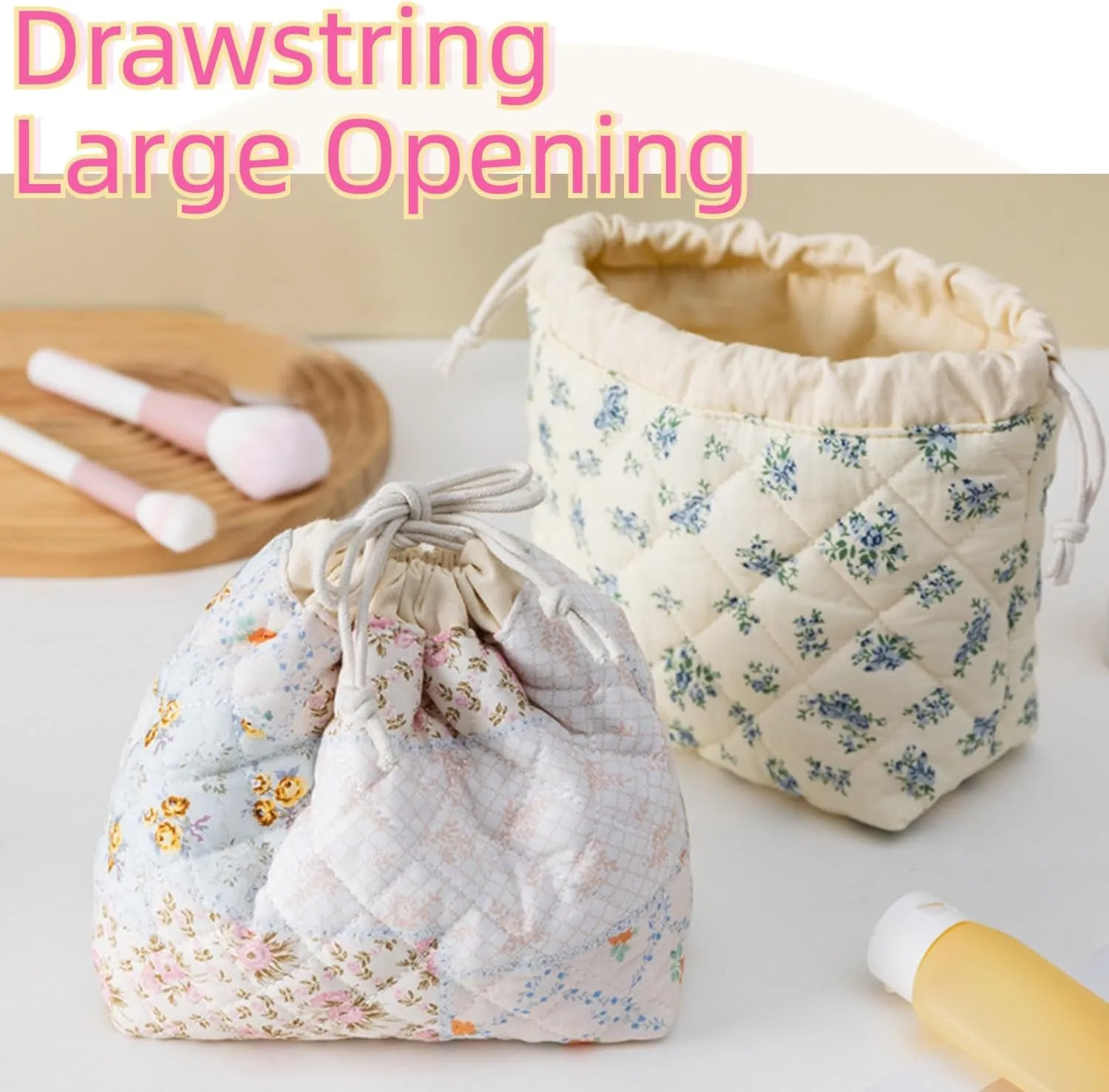 Quilted Drawstring Makeup Bag with Canvas Lining, Floral Coquette Aesthetic Cute Cotton Travel Toiletry Bag for Women and Girls (Pink Bow)