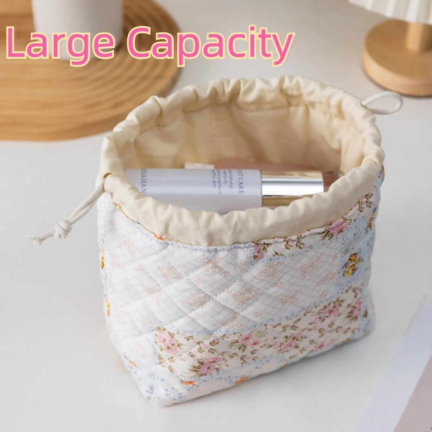 Quilted Drawstring Makeup Bag with Canvas Lining, Floral Coquette Aesthetic Cute Cotton Travel Toiletry Bag for Women and Girls (Pink Bow)