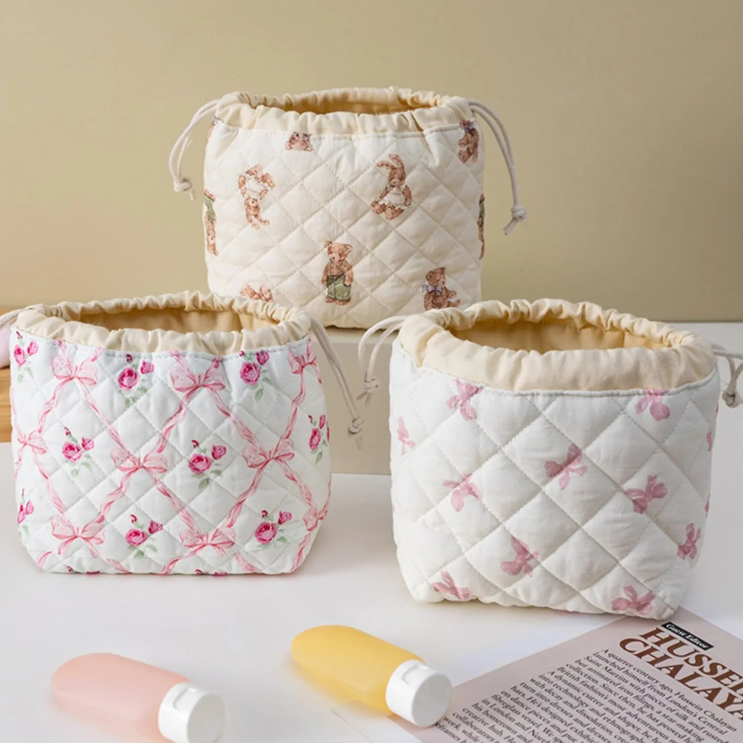 Quilted Drawstring Makeup Bag with Canvas Lining, Floral Coquette Aesthetic Cute Cotton Travel Toiletry Bag for Women and Girls (Pink Bow)