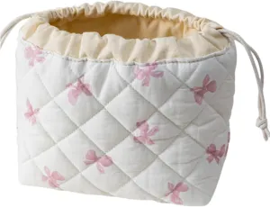 Quilted Drawstring Makeup Bag with Canvas Lining, Floral Coquette Aesthetic Cute Cotton Travel Toiletry Bag for Women and Girls (Pink Bow)
