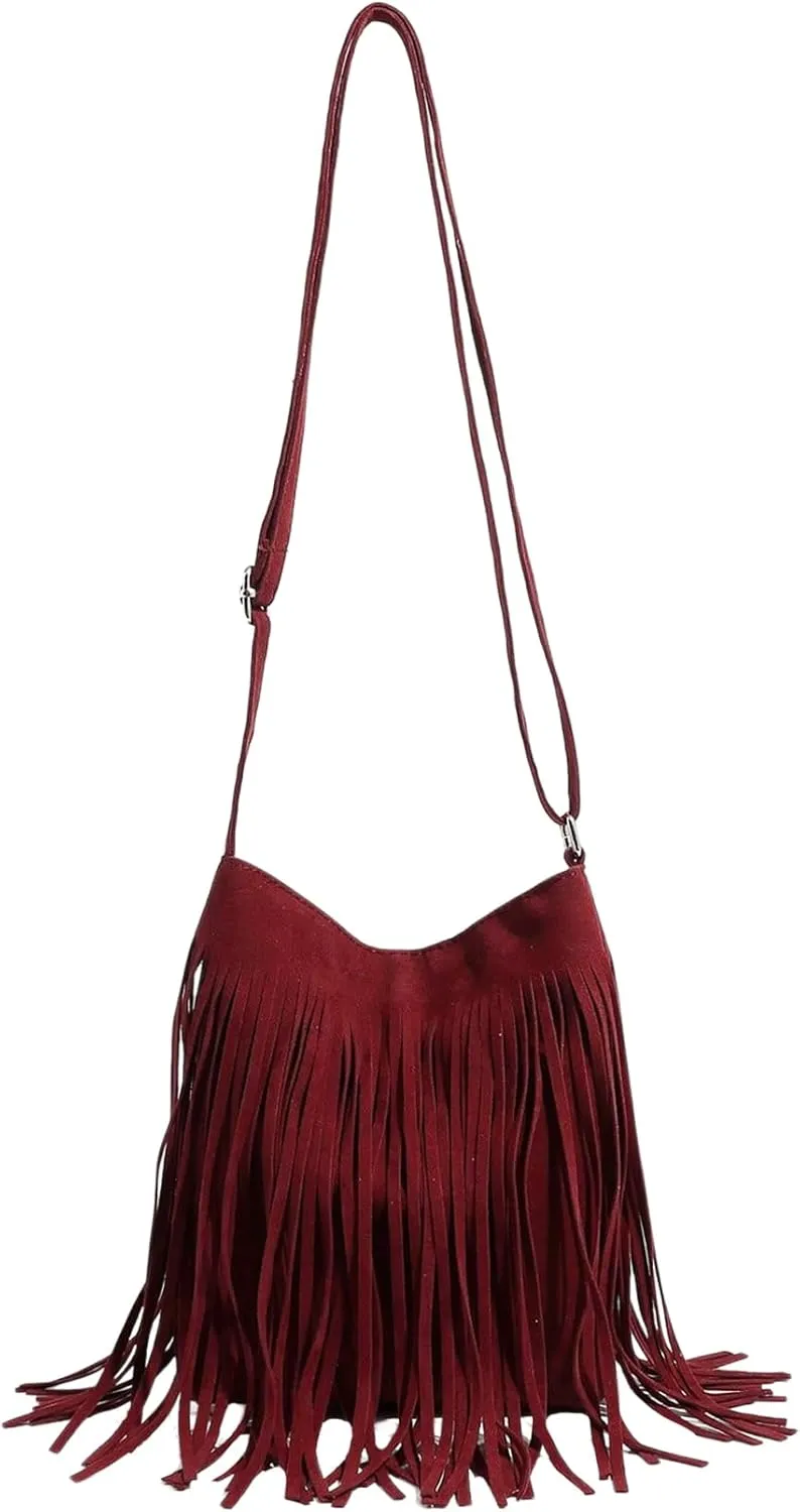 QWINEE Women's Fringe Hobo Bags Tassel Vintage Suede Crossbody Bag Shoulder Bags