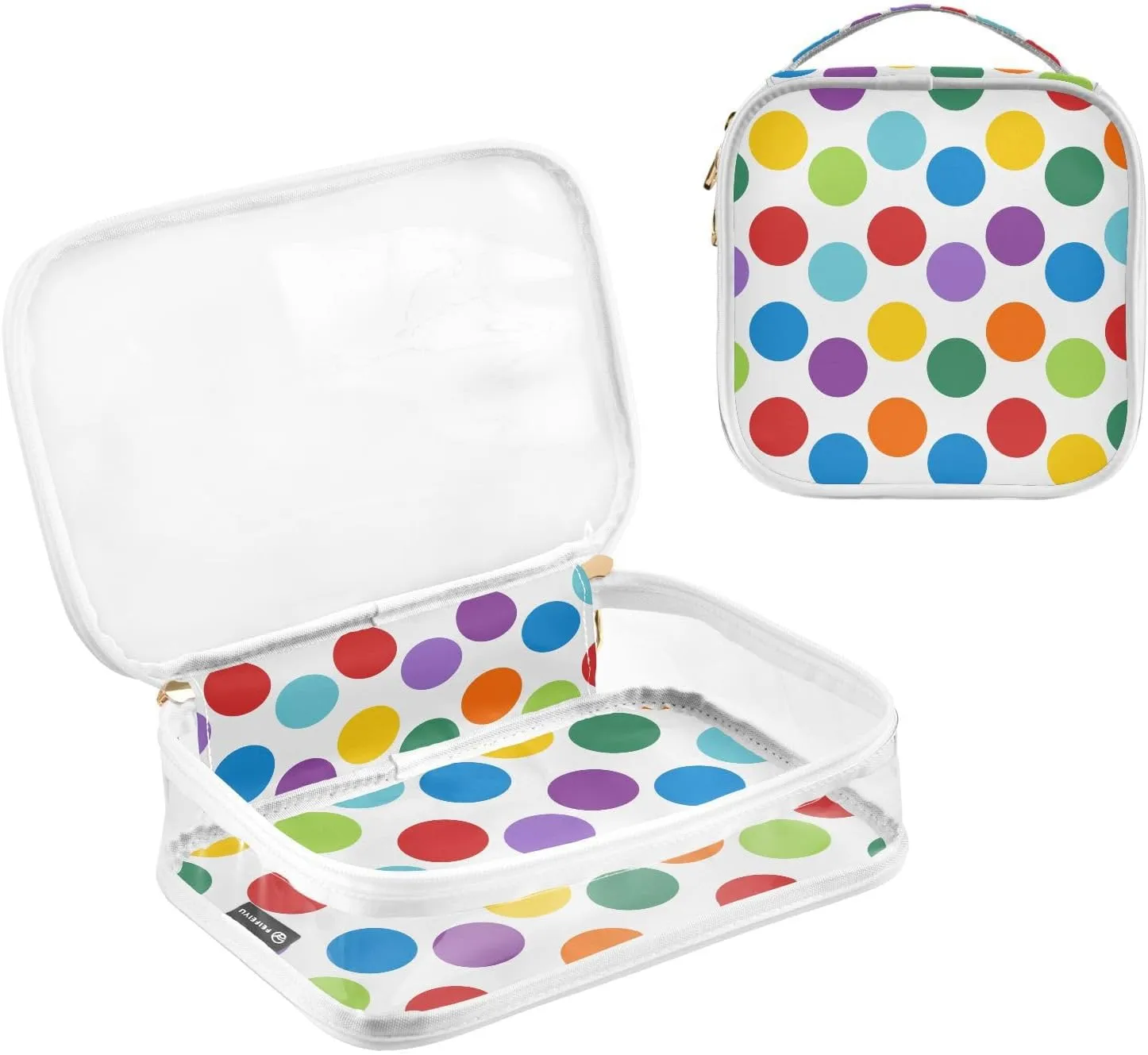 Rainbow Polka Dots Clear Makeup Bags TSA Approved Toiletry Bag for Women Men Cosmetic Bags with Handle Carry On Airport Airline Compliant Bag Quart Size PVC Travel Bags for Toiletries Bathroom, 2 Pack