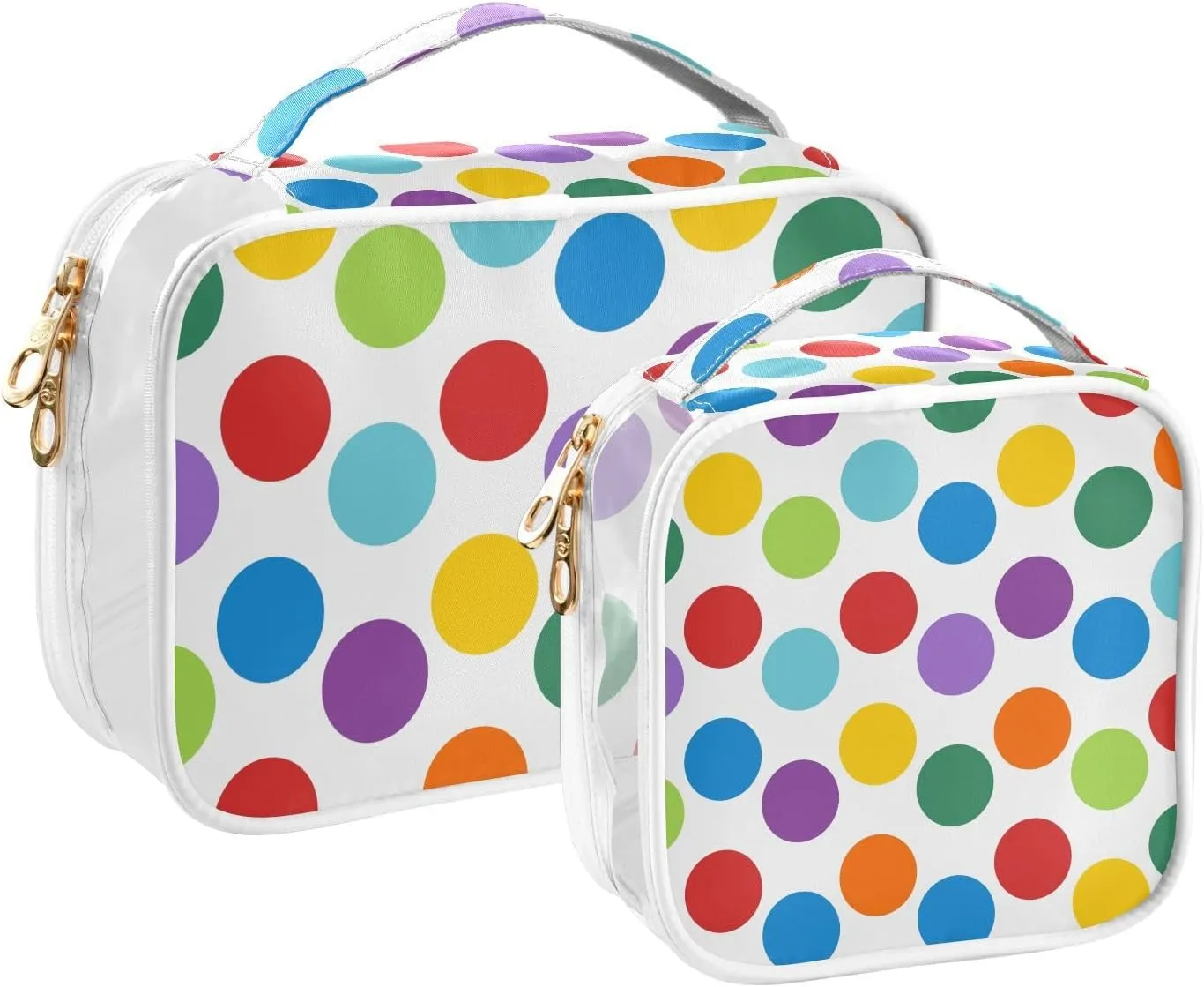 Rainbow Polka Dots Clear Makeup Bags TSA Approved Toiletry Bag for Women Men Cosmetic Bags with Handle Carry On Airport Airline Compliant Bag Quart Size PVC Travel Bags for Toiletries Bathroom, 2 Pack