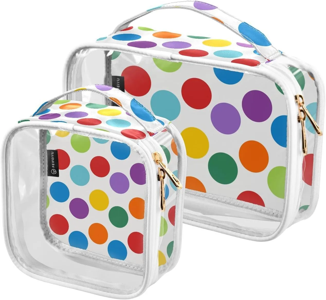 Rainbow Polka Dots Clear Makeup Bags TSA Approved Toiletry Bag for Women Men Cosmetic Bags with Handle Carry On Airport Airline Compliant Bag Quart Size PVC Travel Bags for Toiletries Bathroom, 2 Pack