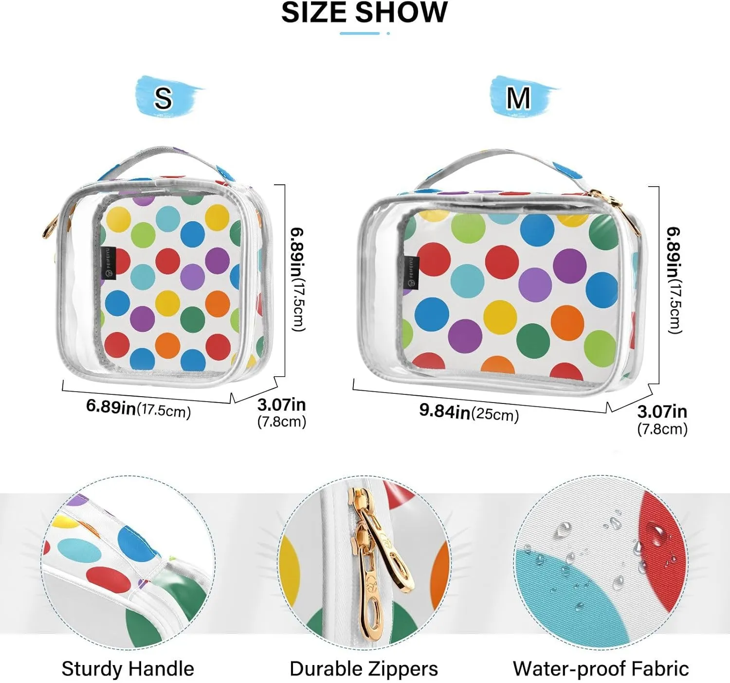 Rainbow Polka Dots Clear Makeup Bags TSA Approved Toiletry Bag for Women Men Cosmetic Bags with Handle Carry On Airport Airline Compliant Bag Quart Size PVC Travel Bags for Toiletries Bathroom, 2 Pack
