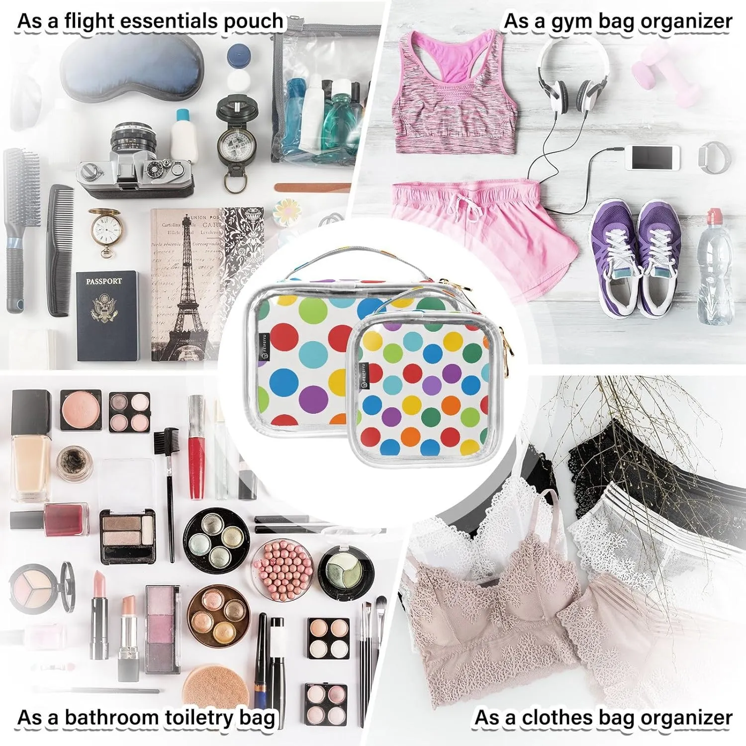 Rainbow Polka Dots Clear Makeup Bags TSA Approved Toiletry Bag for Women Men Cosmetic Bags with Handle Carry On Airport Airline Compliant Bag Quart Size PVC Travel Bags for Toiletries Bathroom, 2 Pack