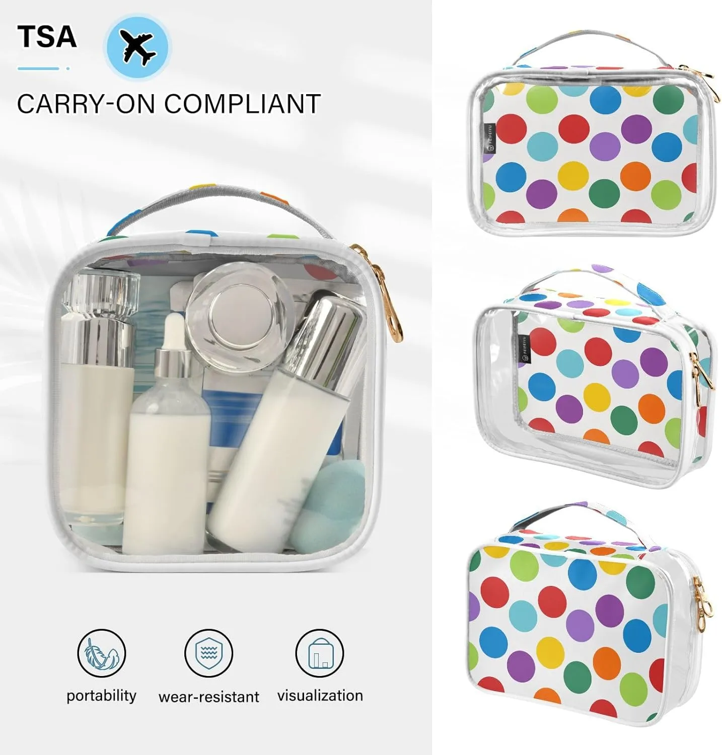 Rainbow Polka Dots Clear Makeup Bags TSA Approved Toiletry Bag for Women Men Cosmetic Bags with Handle Carry On Airport Airline Compliant Bag Quart Size PVC Travel Bags for Toiletries Bathroom, 2 Pack