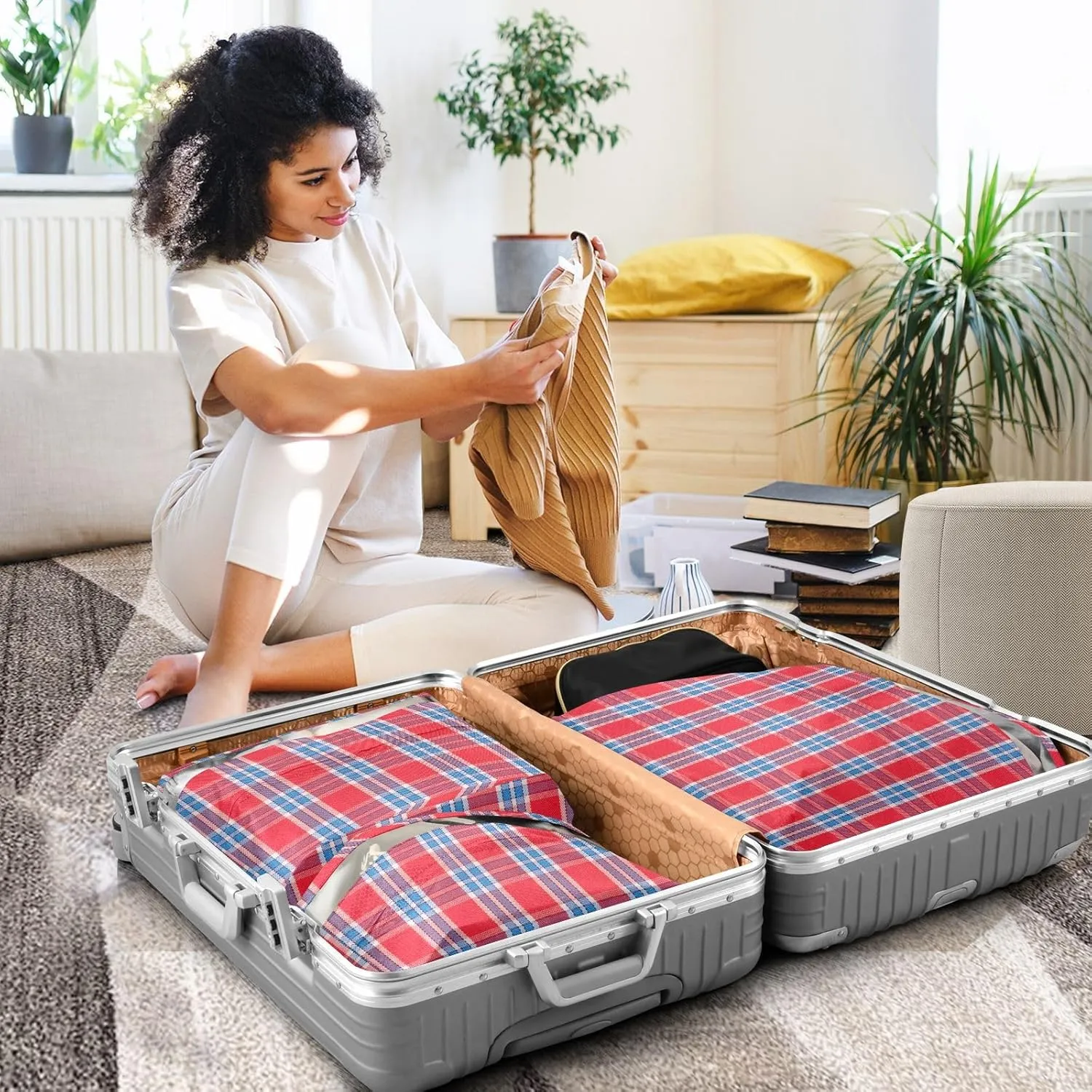 Red Plaid 3 Set Travel Packing Cubes For Suitcases, Foldable, Garment Bag Closet Storage, Luggage Space Saver, Organizadores De Maletas Para