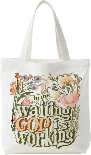 Retro Floral Christian Tote Bag, Christian Gifts for Women, in the Waiting God is Working Bible Verses Canvas Tote Bags for Women, Faith Based Gifts, Reusable Grocery Bags Shopping Bags