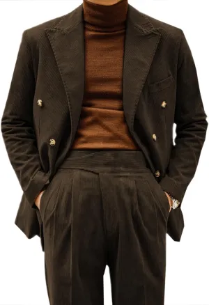Retro Mens Suits 2 Piece Corduroy Regular Fit Casual Dress Suit Blazer Pants Set for Wedding Prom