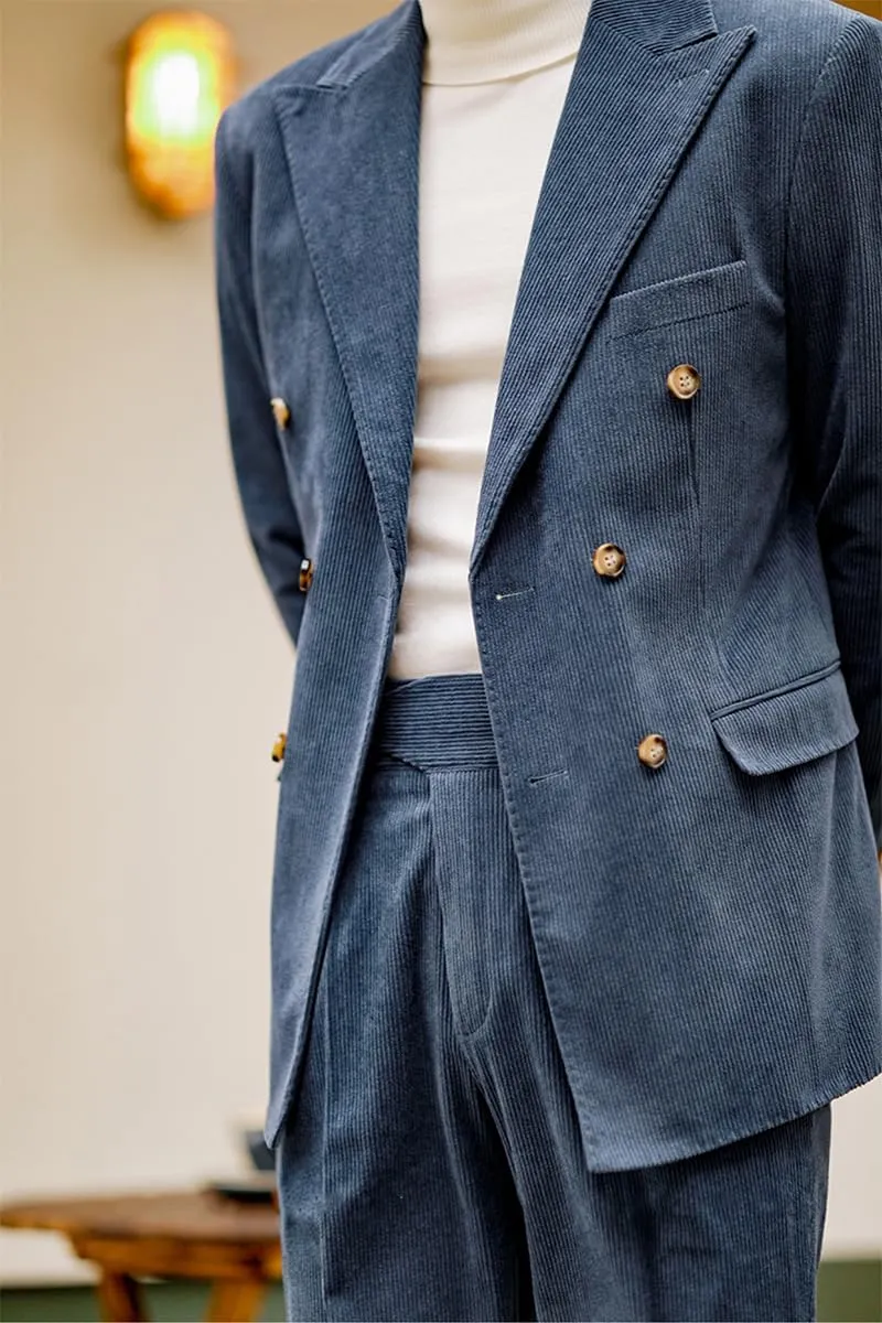 Retro Mens Suits 2 Piece Corduroy Regular Fit Casual Dress Suit Blazer Pants Set for Wedding Prom