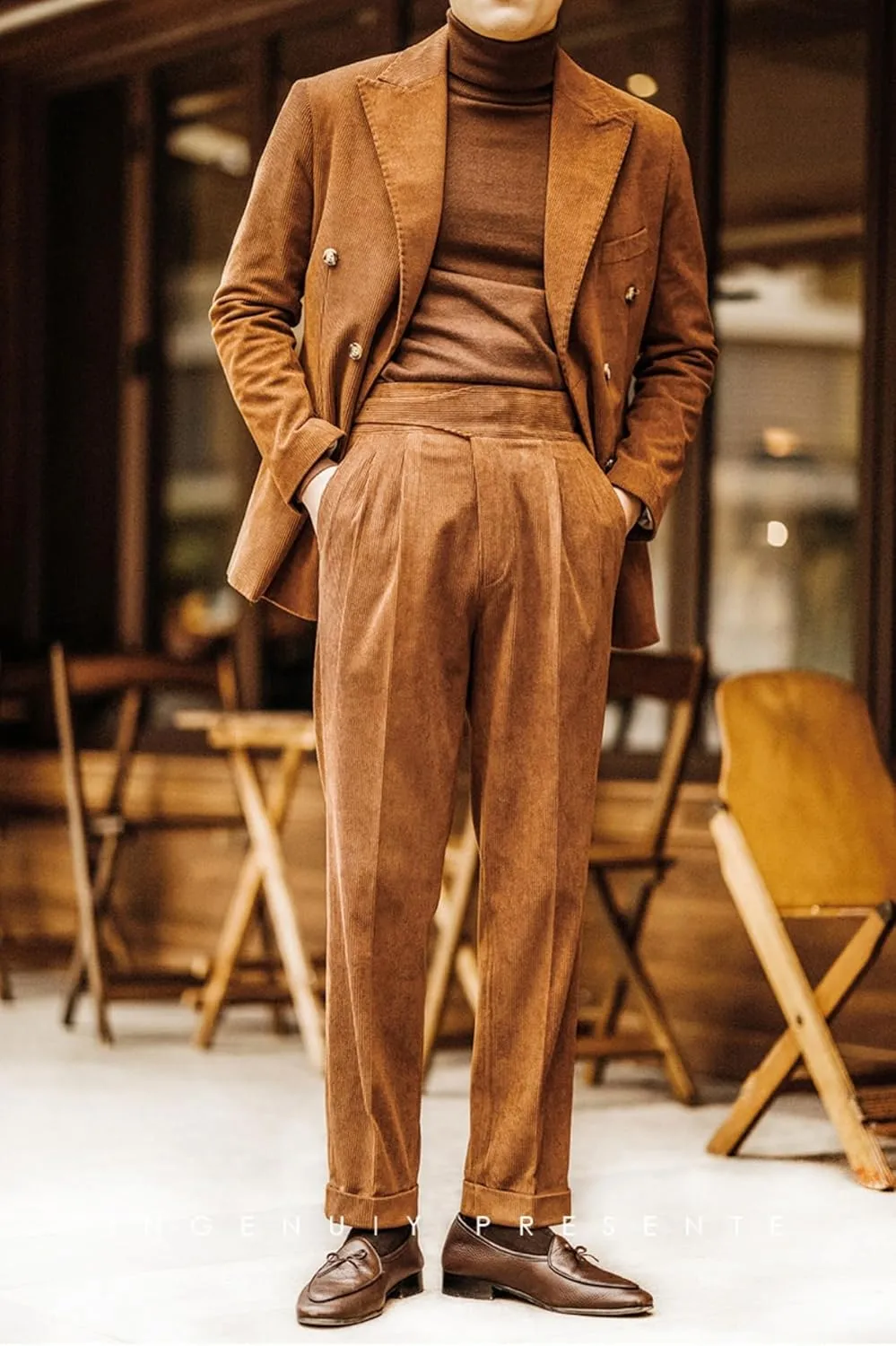 Retro Mens Suits 2 Piece Corduroy Regular Fit Casual Dress Suit Blazer Pants Set for Wedding Prom