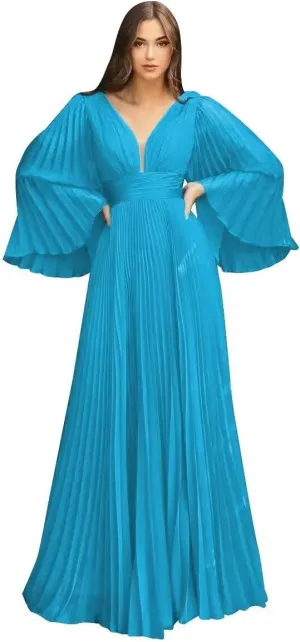 Rjer Long Sleeve Chiffon Bridesmaid Dresses for Women V Neck Pleated Maxi Dress A-line Formal Evening Party Gown