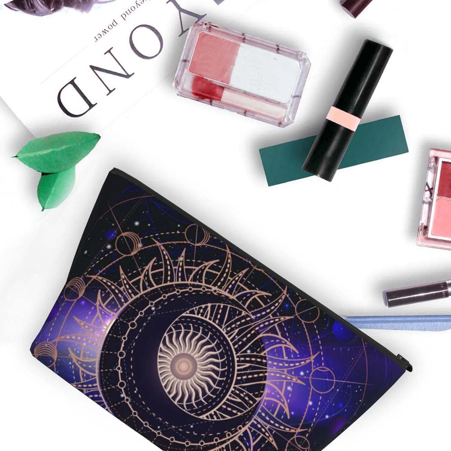 Sacred geometric symbol purple space galaxy stars Mystic sun moon Makeup Bag Accessories Pouch Travel Toiletry Bag Reusable Cosmetic Organizer For Women