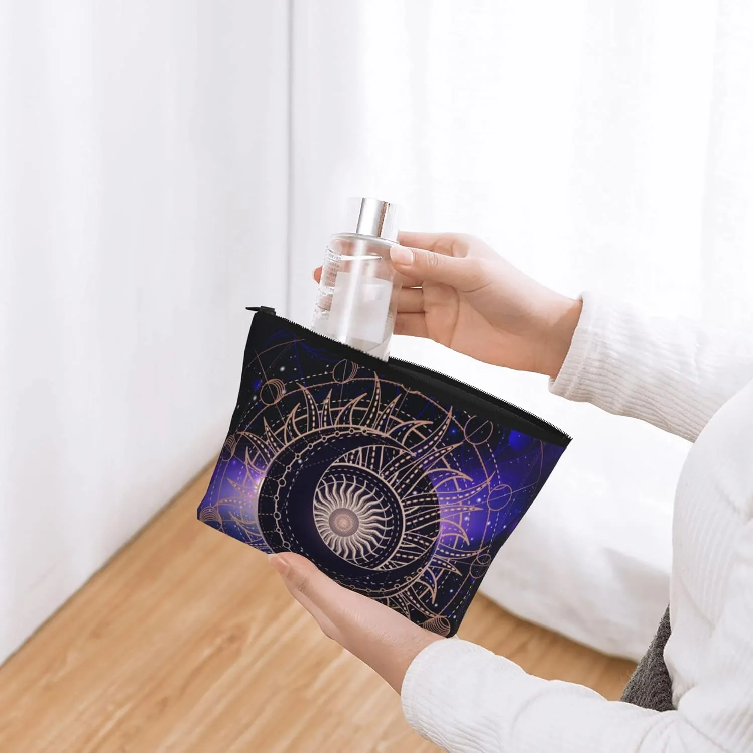 Sacred geometric symbol purple space galaxy stars Mystic sun moon Makeup Bag Accessories Pouch Travel Toiletry Bag Reusable Cosmetic Organizer For Women