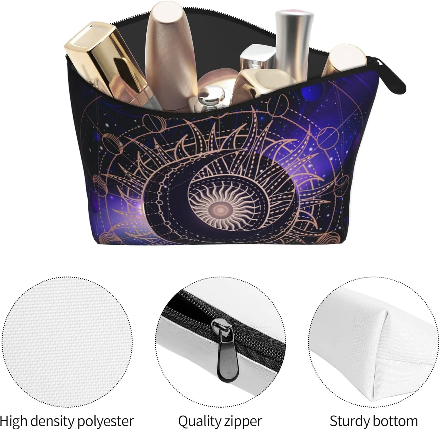 Sacred geometric symbol purple space galaxy stars Mystic sun moon Makeup Bag Accessories Pouch Travel Toiletry Bag Reusable Cosmetic Organizer For Women