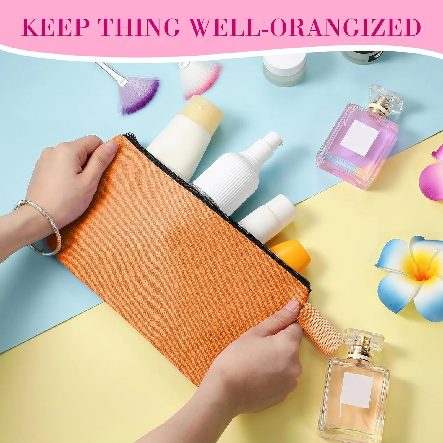 Saintrygo 10 Pieces Canvas Makeup Bags Bulk for Women Travel Cosmetic Organizer Plain Storage Pouch Multi-Purpose Blank Travel Toiletry DIY Craft Bags with Zipper(Bright,9.8 x 5 x 2 Inch)