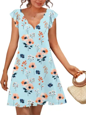 SAUKOLE Womens Summer Dresses Causal Ruffle Cap Sleeve V Neck Short Mini Dress Loose Flowy Sundress