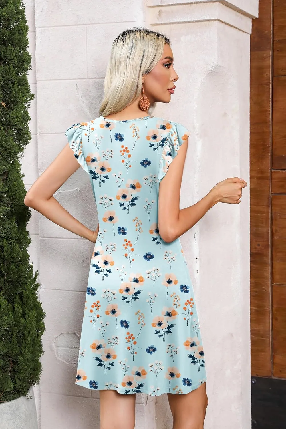 SAUKOLE Womens Summer Dresses Causal Ruffle Cap Sleeve V Neck Short Mini Dress Loose Flowy Sundress