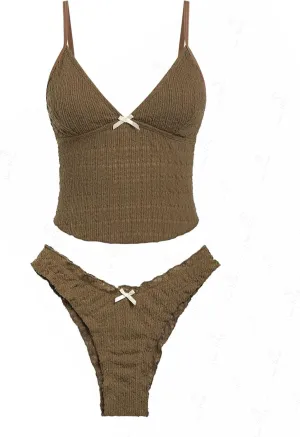 seamoly Lace Jacquard Bowknot Decor Ruffles Tankini Set