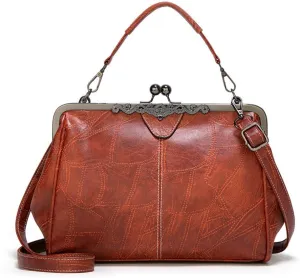 Segater Women Retro Hollow Oil Wax PU Leather Handbag Kiss Lock Crossbody Purse Vintage Messenger Bag Tote