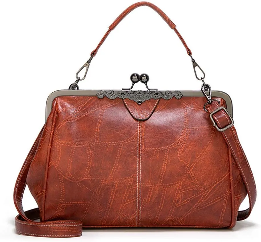 Segater Women Retro Hollow Oil Wax PU Leather Handbag Kiss Lock Crossbody Purse Vintage Messenger Bag Tote