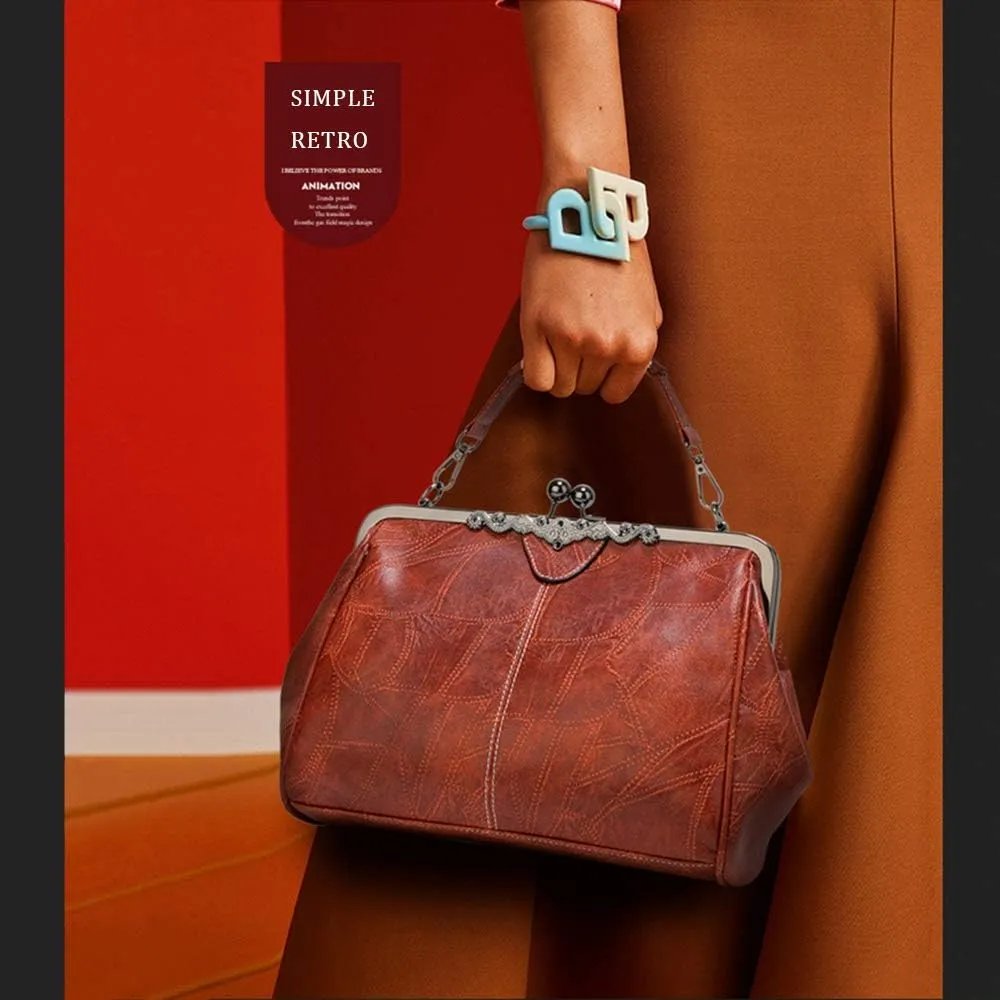 Segater Women Retro Hollow Oil Wax PU Leather Handbag Kiss Lock Crossbody Purse Vintage Messenger Bag Tote