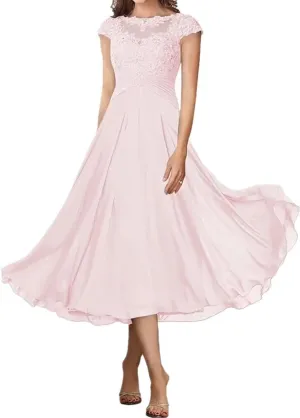 Short Mother of The Bride Dresses for Wedding Tea Length Cap Sleeves Lace Formal Evening Party Prom Gown for Women