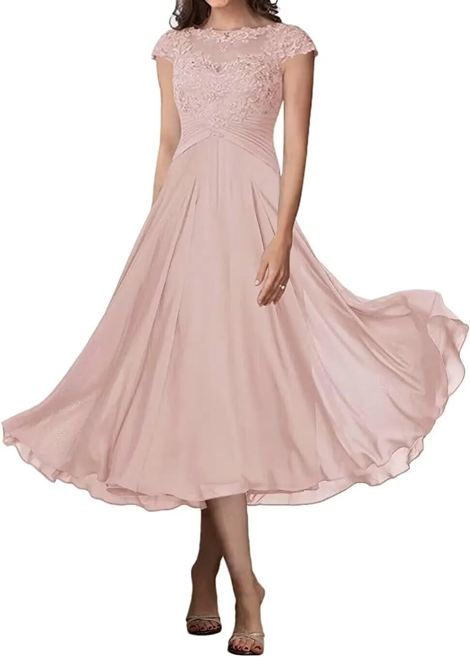 Short Mother of The Bride Dresses for Wedding Tea Length Cap Sleeves Lace Formal Evening Party Prom Gown for Women