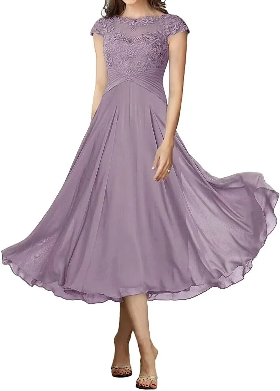 Short Mother of The Bride Dresses for Wedding Tea Length Cap Sleeves Lace Formal Evening Party Prom Gown for Women