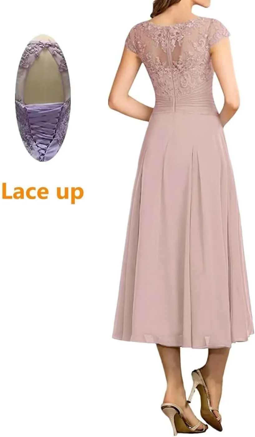 Short Mother of The Bride Dresses for Wedding Tea Length Cap Sleeves Lace Formal Evening Party Prom Gown for Women