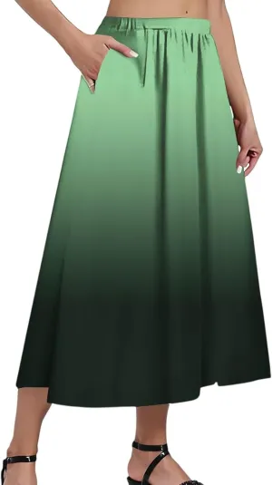 Skirs for Women Gradient Stripe Printed Skirt Elasticated Loose Pocket Pleated Half-Body Skirts Casual Skirt