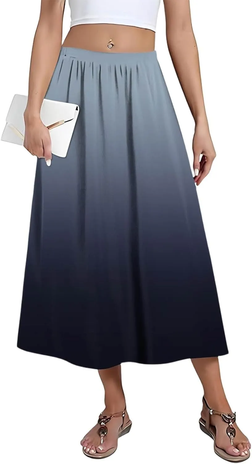 Skirs for Women Gradient Stripe Printed Skirt Elasticated Loose Pocket Pleated Half-Body Skirts Casual Skirt