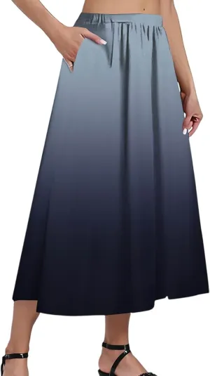 Skirs for Women Gradient Stripe Printed Skirt Elasticated Loose Pocket Pleated Half-Body Skirts Casual Skirt