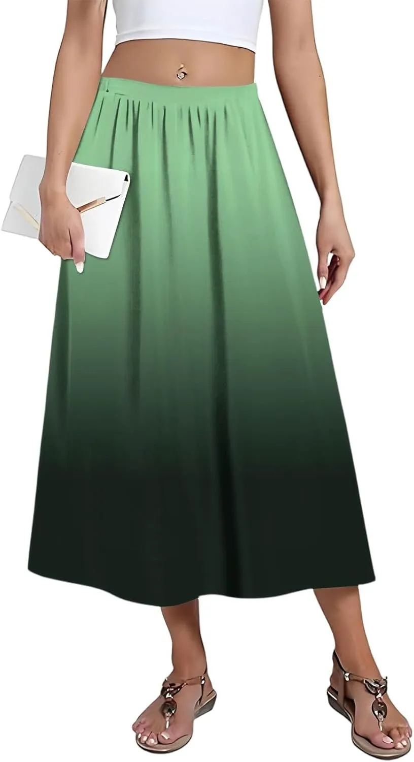 Skirs for Women Gradient Stripe Printed Skirt Elasticated Loose Pocket Pleated Half-Body Skirts Casual Skirt