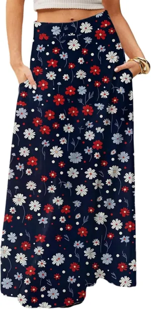 Skirts for Women Midi Length Summer High Waisted Pleated A-Line Swing Floral Long with Pockets