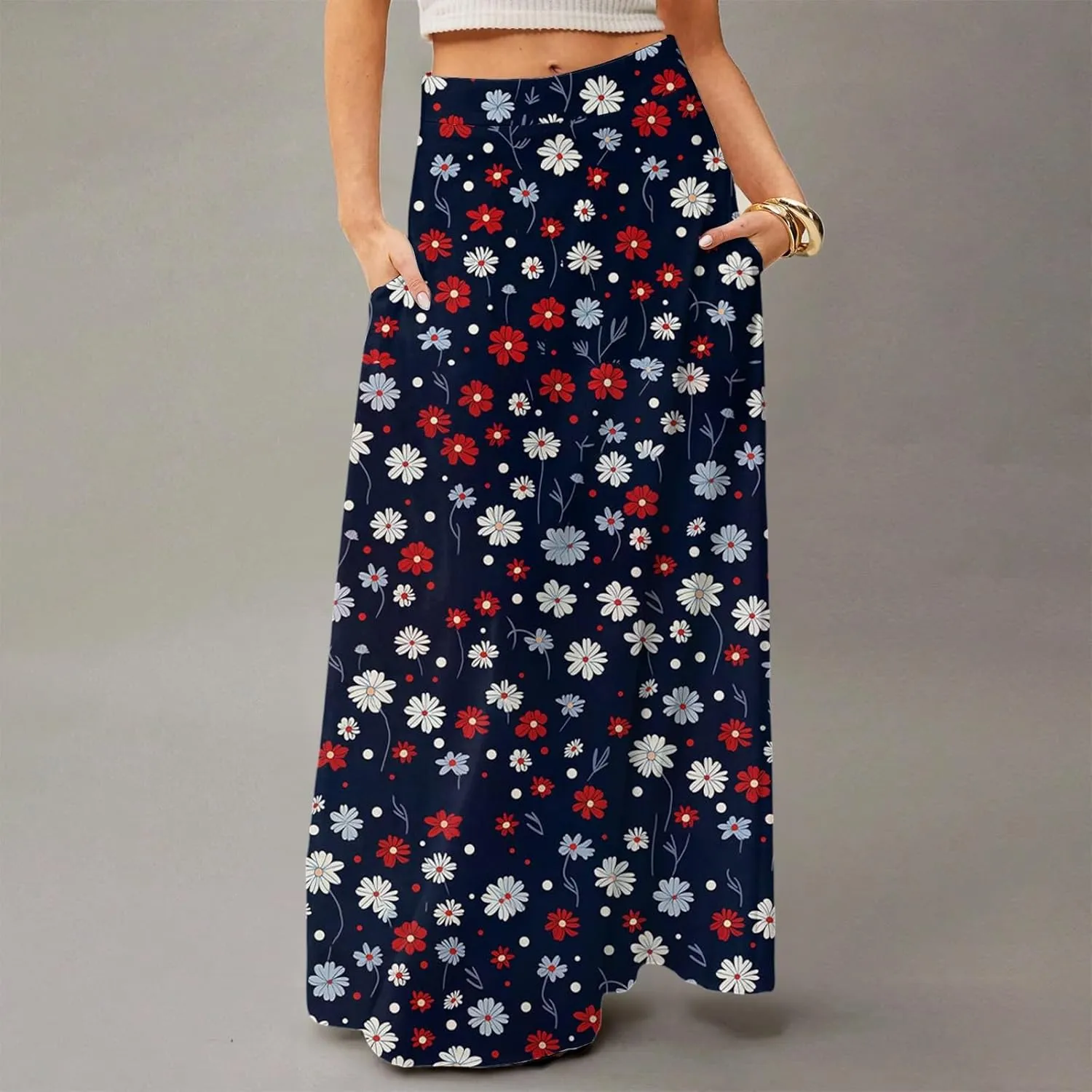 Skirts for Women Midi Length Summer High Waisted Pleated A-Line Swing Floral Long with Pockets