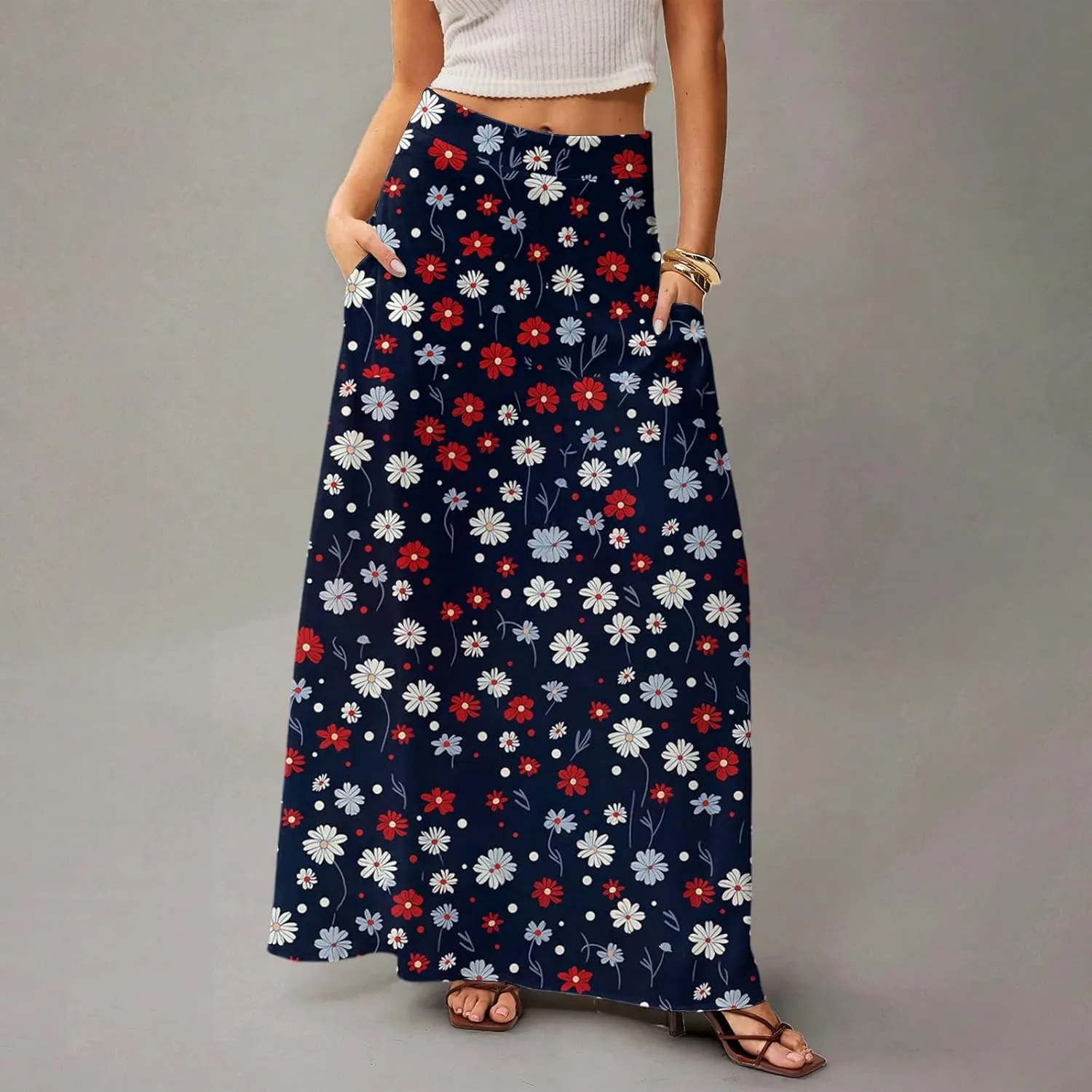 Skirts for Women Midi Length Summer High Waisted Pleated A-Line Swing Floral Long with Pockets