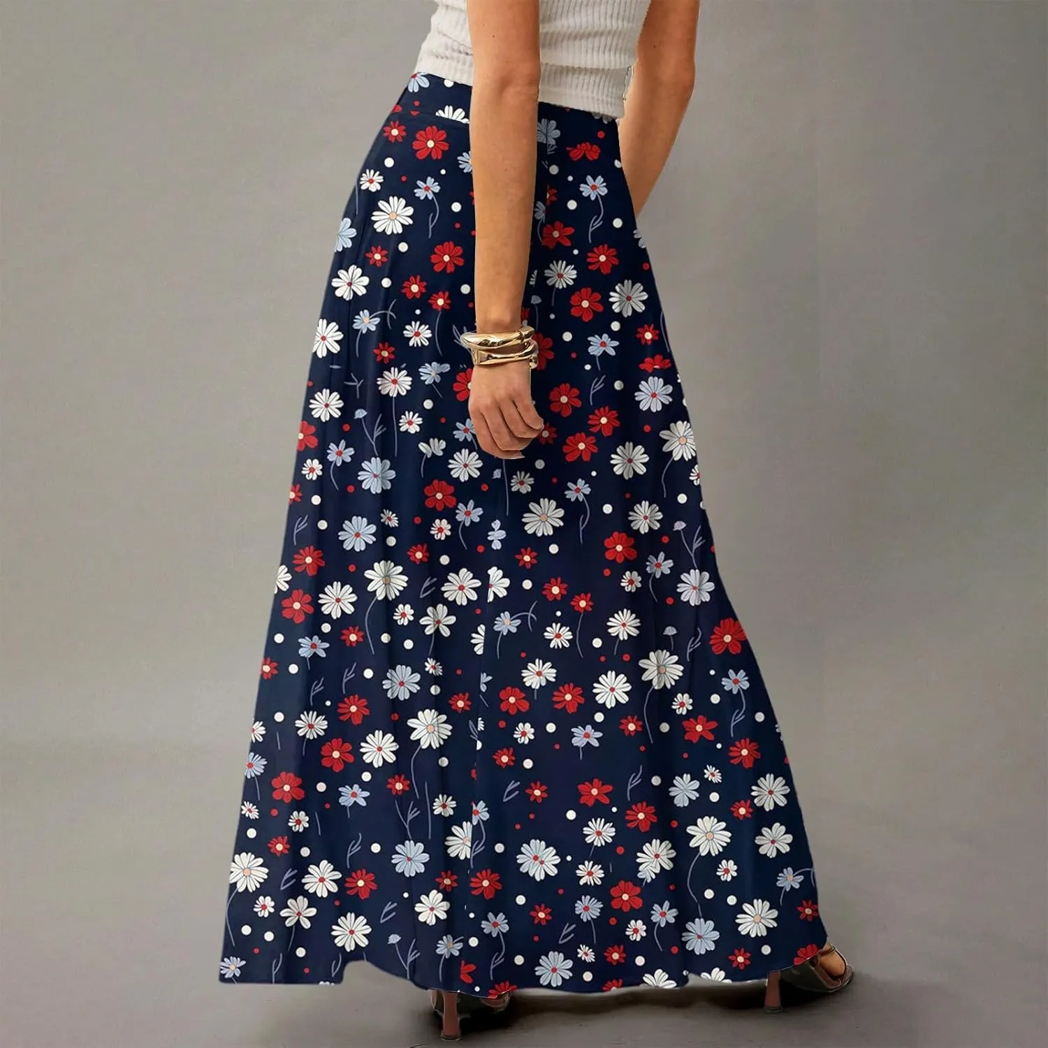 Skirts for Women Midi Length Summer High Waisted Pleated A-Line Swing Floral Long with Pockets