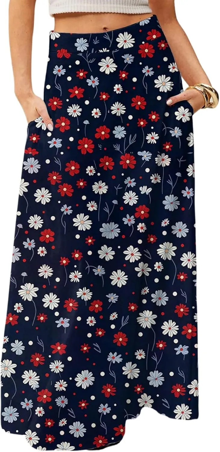 Skirts for Women Midi Length Summer High Waisted Pleated A-Line Swing Floral Long with Pockets