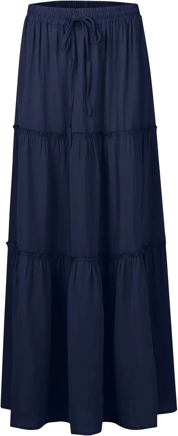 Skirts for Women Summer Flowy Tiered Elastic High Waisted Skirt Vacation Swing Long Solid Maxi Beach Skirts